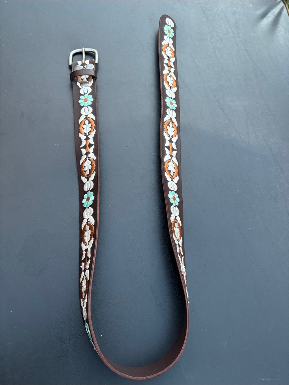 Ariat Brown Leather Belt with White and Turquoise Floral Stitching size XL
